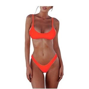 SherryDC Brazilian Thong Bikini Push‎ Up Padded Swimsuit Scoop Neck Red Orange M